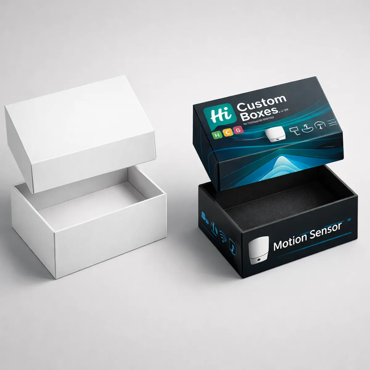 High-quality 3D rendering of open white and branded black lid-style motion sensor packaging. class=